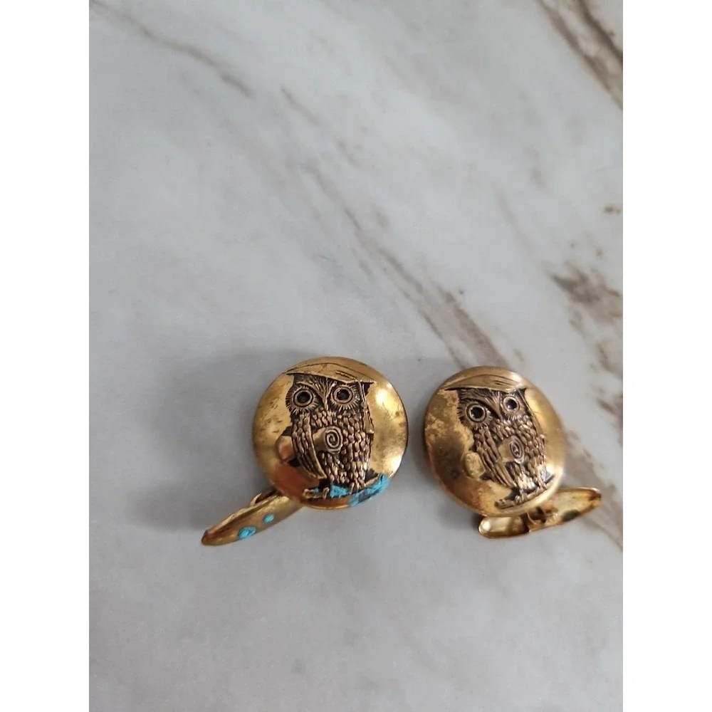 Vintage Goldtone Wise Old Owl Button Cufflinks Unsigned